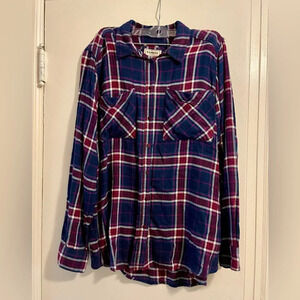 Express Boyfriend Flannel Shirt Blue Pink Double Front Patch Pocket Size Medium